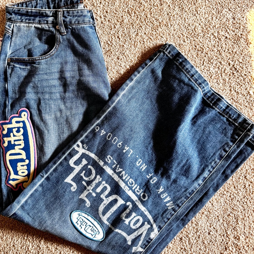 Von Dutch Extra Wide Leg Jeans Patch Logo Y2K Inspired Streetwear Blokecore